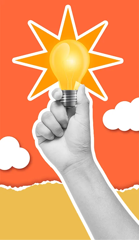 Creative and branding artwork: a halftone hand holding a glowing light bulb against an orange sky