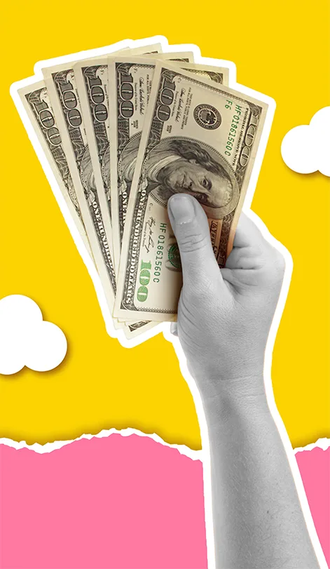 Performance marketing artwork: a halftone hand holding a fan of dollar notes against a yellow sky