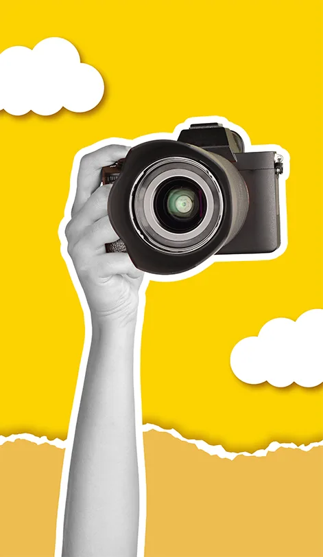 Photo and videography artwork: a halftone hand holding a camera against a yellow sky