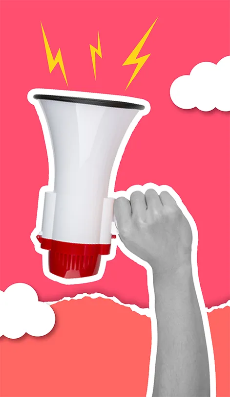 Search engine optimisation artwork: a halftone hand raising a megaphone with lightning bolts against a pink sky