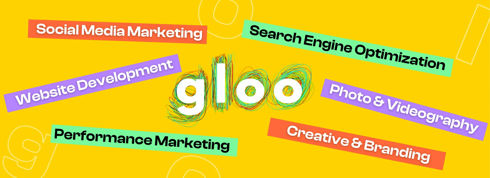 The Gloo services banner: social media marketing, SEO, website development, photo and videography, performance marketing, creative and branding around the gloo wordmark
