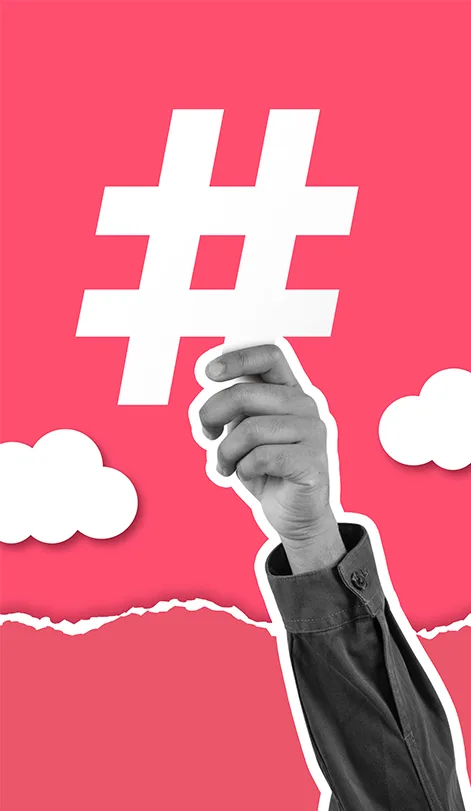Social media marketing artwork: a halftone hand holding up a white hashtag against a pink sky