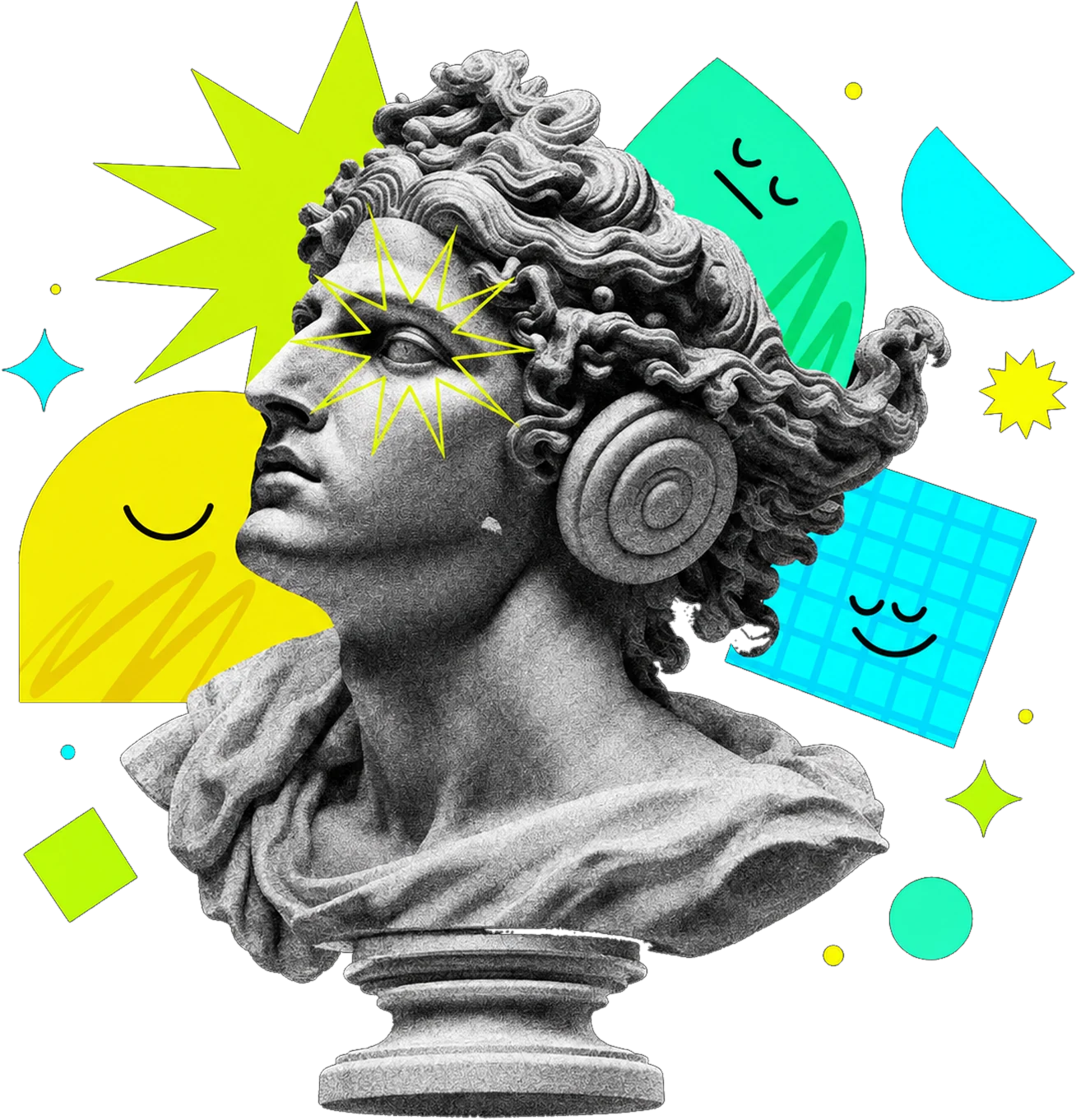 The Gloo hero artwork: a classical marble bust wearing headphones among paper cut-out shapes in the gloo logo colours
