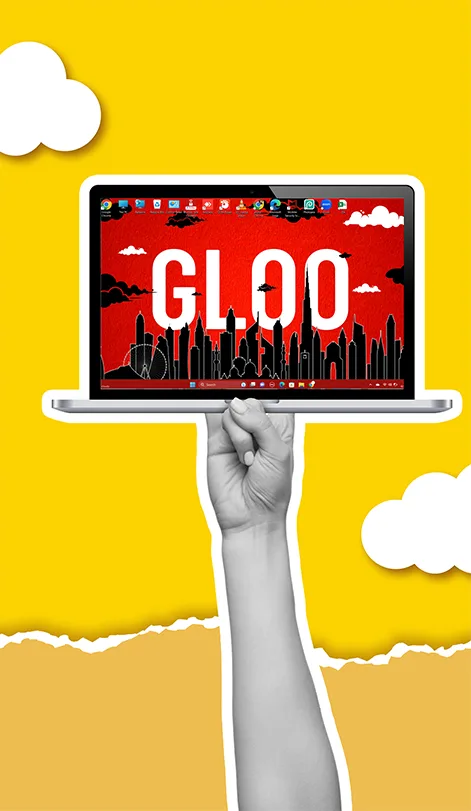 Website development artwork: a halftone hand holding a laptop showing the Gloo site against a yellow sky