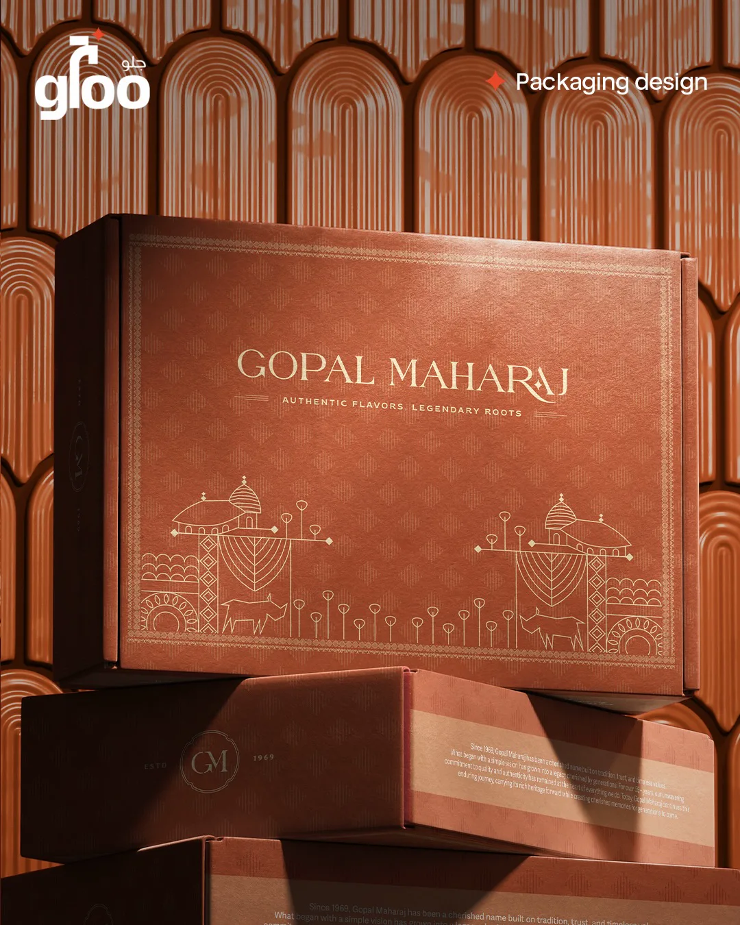 Render of the terracotta Gopal Maharaj box stack in front of a repeating arched terracotta wall, by The Gloo
