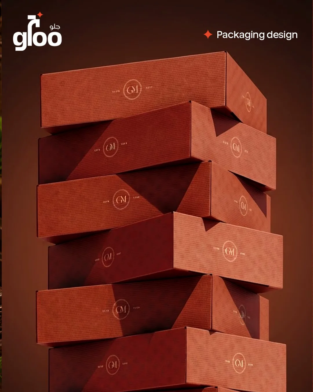 Tall staggered stack of terracotta boxes with the GM monogram, dark moody lighting, by The Gloo