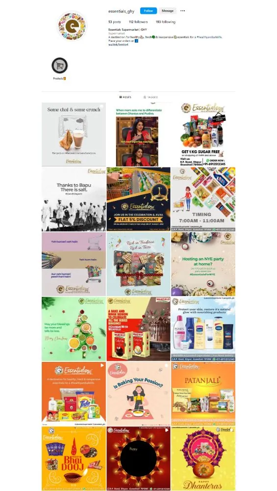 Essentials Supermarket Guwahati Instagram feed managed by The Gloo