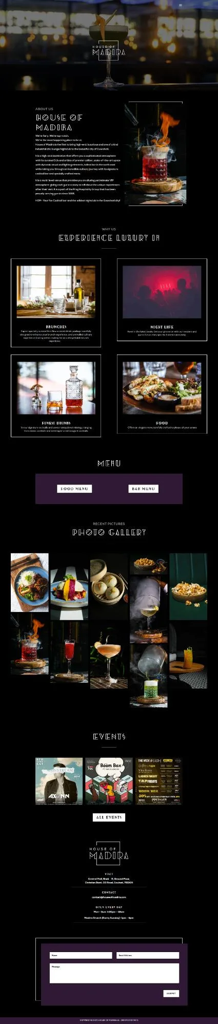 House of Madira website design by The Gloo, a dark full-page layout with menu, gallery and events