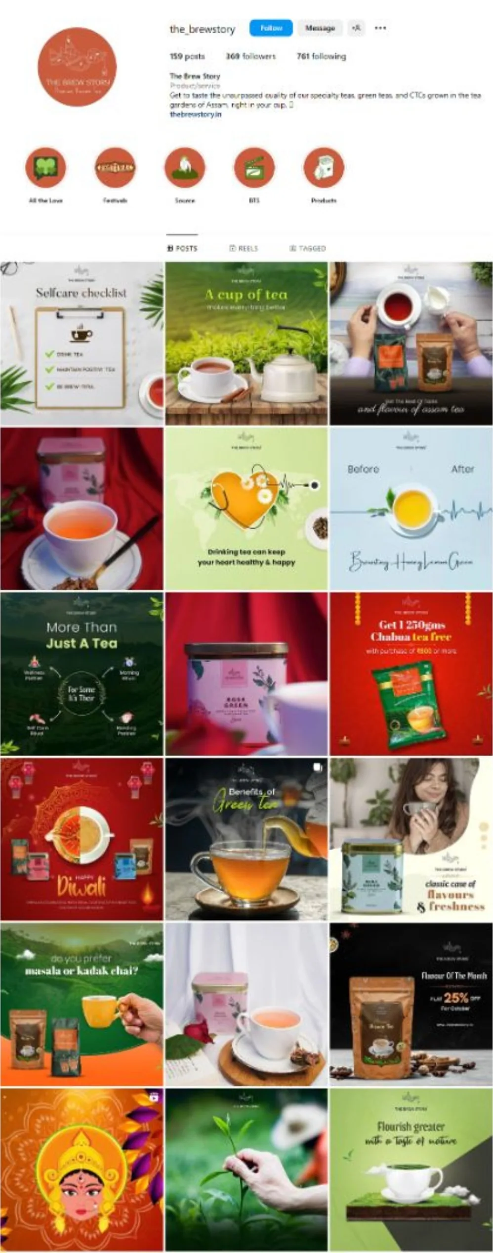 The Brew Story Instagram feed managed by The Gloo, tea product posts and festive creatives