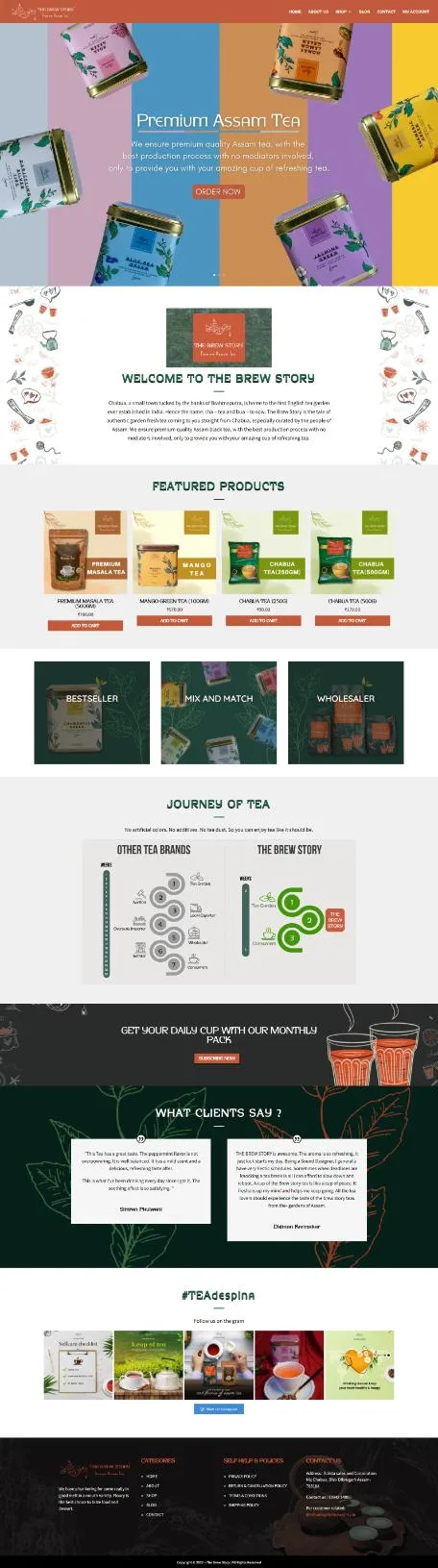 The Brew Story website design by The Gloo, a tea brand store with featured products and colourful tins