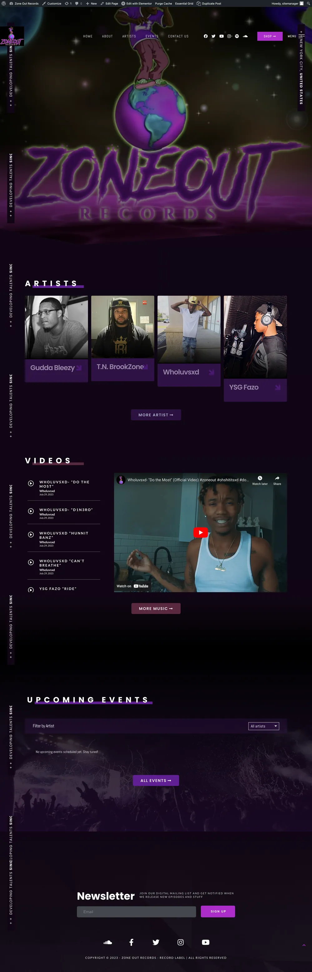 Zoneout Records website design by The Gloo, full-page capture